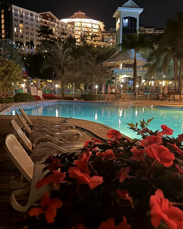 Piscina iluminada à noite, com flores vermelhas em primeiro plano